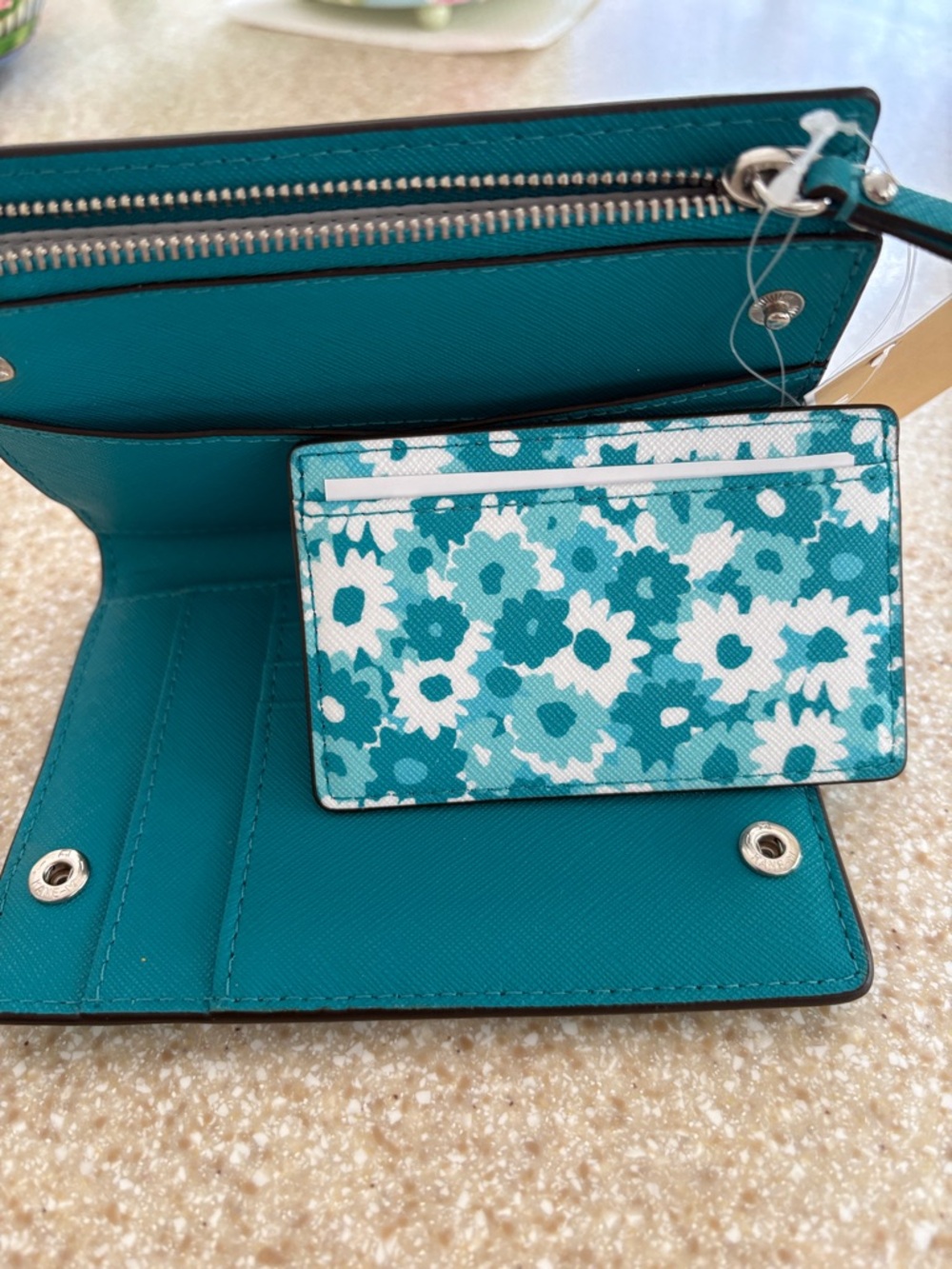 Michael Kors Teal Floral Medium Card Case Wallet - Picture 5 of 10